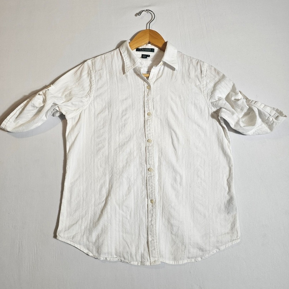 Lauren Ralph Lauren Shirt Womens M White Cotton Roll Tab Short Sleeve Button Up